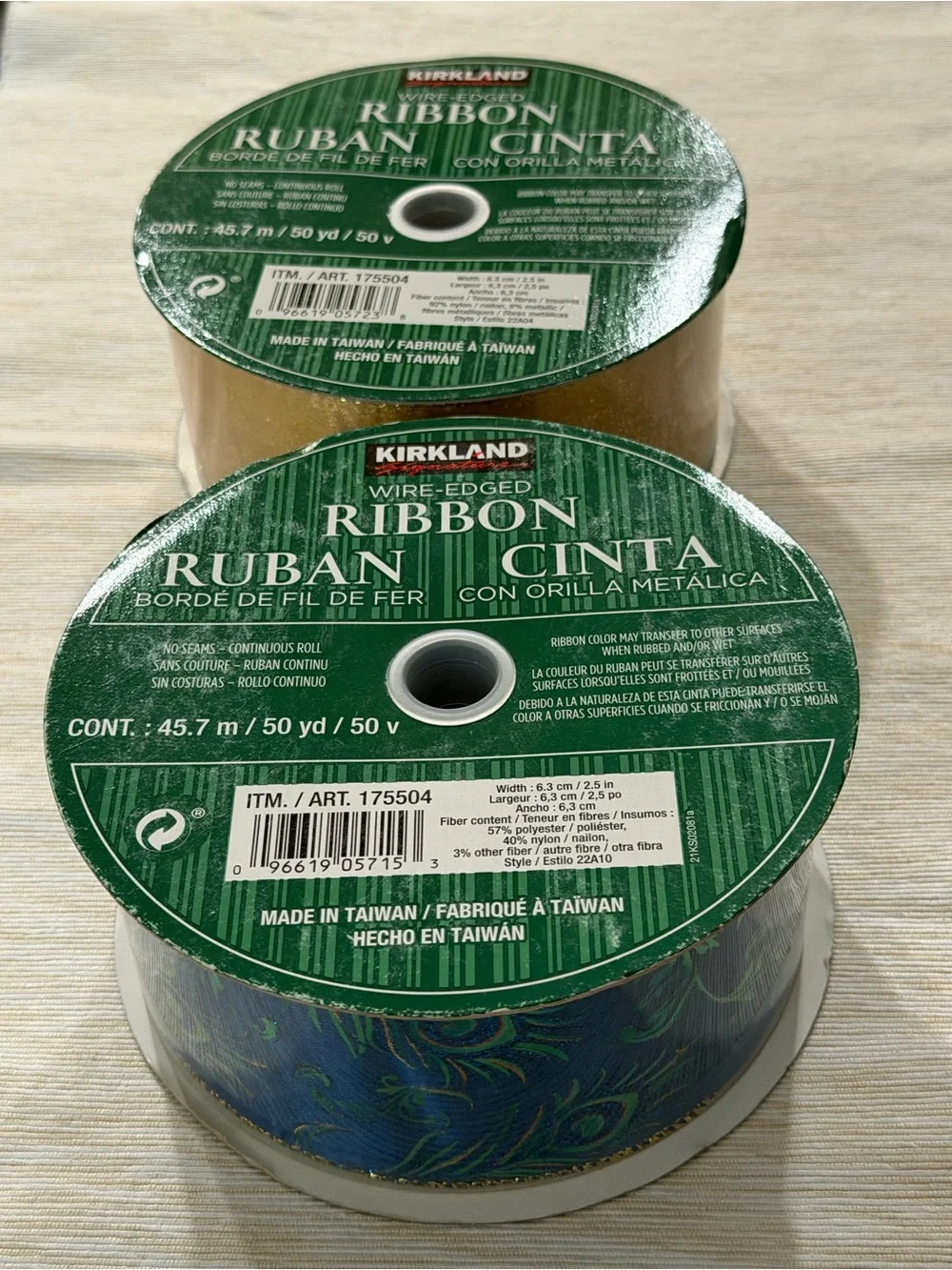 Blue-Green Peacock & Gold Glitter Holiday Ribbon Duo